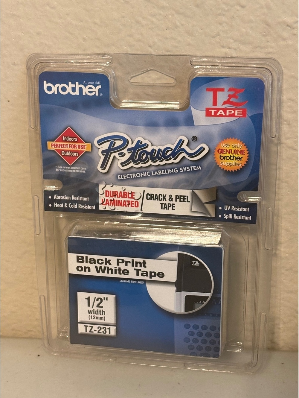 Brother P-touch TZ-231 Black Print on White Laminated Tape 1/2 Inch